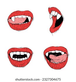 set red vampire lips collection sketch vector illustration line art