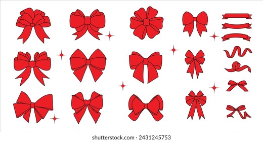 Conjunto de varios arcos de dibujos animados rojos sobre un fondo blanco, cintas de regalo. Accesorio de moda para trenzado de cabello. Dibujado a mano ilustración vectorial.EPS10