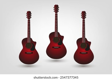 Set Red vector acoustical guitar wooden icon on white background, with six strings on it. Group of musical guitar symbol in red color