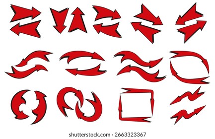 Satz roter Vektorpfeile mit schwarzen Umrissen in verschiedenen dynamischen Formen und Stilen, bereit für jedes Ihrer Projekte