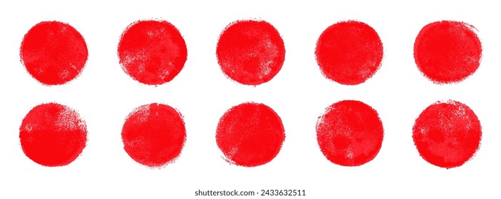 Conjunto de círculos de pincel vectorial rojo. Bandera japonesa pintada a mano con textura áspera. Estampilla de esponja gruñones de tinta roja, salpicaduras. Ilustración abstracta de la bandera de Japón de acuarela. Símbolo del sol, arte de la caligrafía