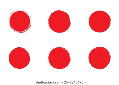 Set of red vector brush circles. Rough textured hand painted Japanese flag. Sponge stamp grungy red ink blobs, splashes. Abstract watercolor Japan flag illustration. Symbol of sun, calligraphy art