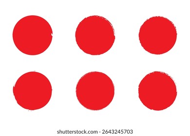 Set of red vector brush circles. Rough textured hand painted Japanese flag. Sponge stamp grungy red ink blobs, splashes. Abstract watercolor Japan flag illustration. Symbol of sun, calligraphy art