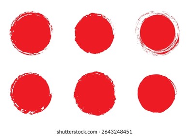 Set of red vector brush circles. Rough textured hand painted Japanese flag. Sponge stamp grungy red ink blobs, splashes. Abstract watercolor Japan flag illustration. Symbol of sun, calligraphy art