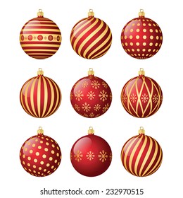 Set of red vector christmas balls with different patterns