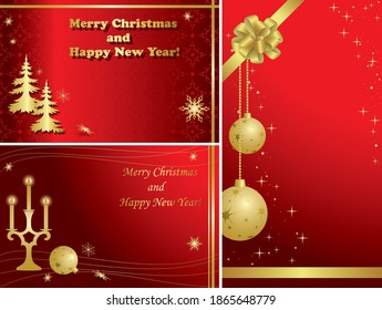 set of red vector christmas cards with gold decorations