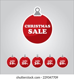 set of red vector christmas tree globe silhouette sales price tag with percentage from 10 to 50 percents