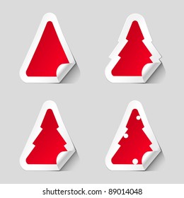 Set of red vector Christmas tree stickers. Isolated on white background.