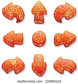 Set of red vector doodle ornate arrows