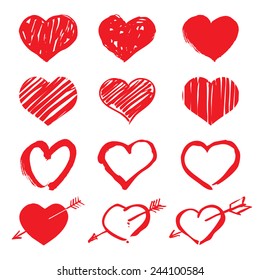 Set of red vector drawing hearts
