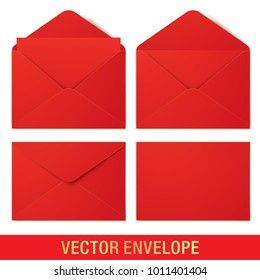 Set of red vector envelopes in different views, isolated on a white background. Realistic red vector envelope mockups.