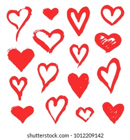 Set of red vector grunge hand drawn hearts. Heart shapes. Design elements for Valentine's day, wedding.