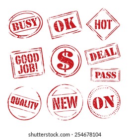 Set of red vector grunge stamps. Icon and outline illustration.