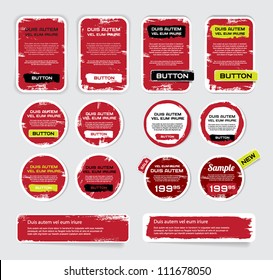 A set of red vector grungy paper stickers, labels, tags and banners with hand painted / cracked paint worn out  backgrounds