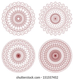 Set of Red Vector Guilloche Rosettes Certificate or Diplomas, Decorative Elements, Interesting Solutions for Your Design