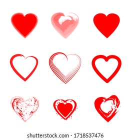 Conjunto de iconos de corazones vectoriales rojos.