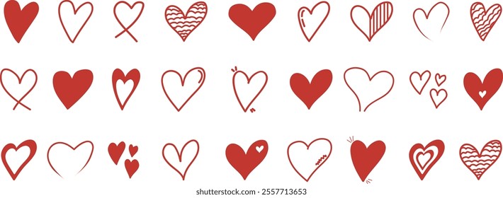 A set of red vector hearts. An illustration of painted hearts. A set of vector symbols, icons