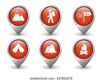 Set of red vector hiking and camping web pointers