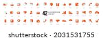 A set of red vector icons of modern trend in the style of glass morphism with gradient, blur and transparency. The collection includes 42 icons in a single style of business, finance, UX UI