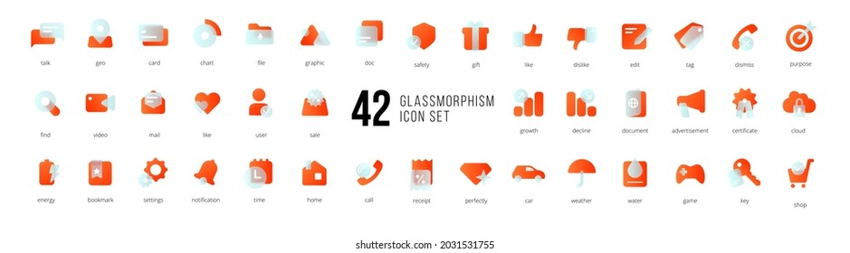 A set of red vector icons of modern trend in the style of glass morphism with gradient, blur and transparency. The collection includes 42 icons in a single style of business, finance, UX UI