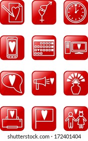 Set of red vector icons on love theme.