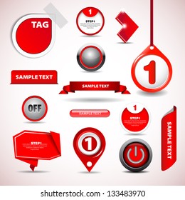 Set of red vector progress step icons, version, labels, stamps, stickers, corners, tags - vector