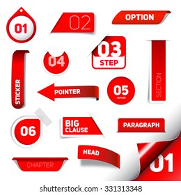 Set of red vector progress step icons, version, labels, stamps, stickers, corners, tags - vector