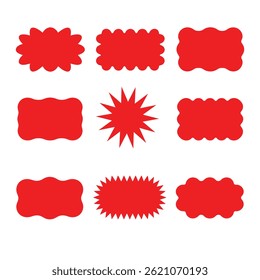Set of red vector shapes featuring spiked, scalloped, and wavy edges, ideal for sale tags, labels, stickers, or marketing design. Perfect for digital and print use.

