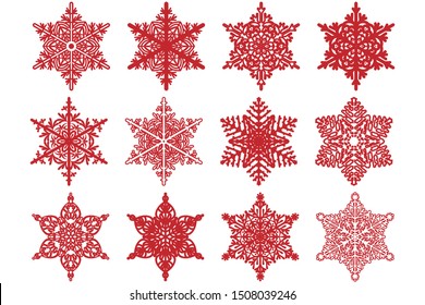 Set of red vector snowflakes on a white background.