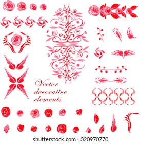 Set of red vector vintage decorative and floral elements for brushes, frames with hand drawn ornamental strokes