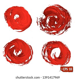 Set of red vector watercolor and acrylic round brush strokes. Red watercolor brushes. Vector illustration for tags and stamps design.