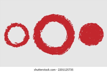 Set of red vector wax crayon circle shape isolated on white background, Vector hand painting brush chalk texture design elements