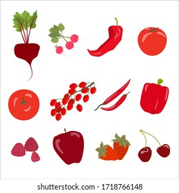 A set of red vegetables and fruits. Vegetarian products isolated on a white background.. Vector illustration in the cartoon style