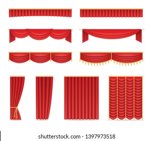 Set of red velvet curtains and draperies for theatre stage, opening night premiere decoration for cinema or presentation event. Realistic icons isolated on white background. Vector illustration.