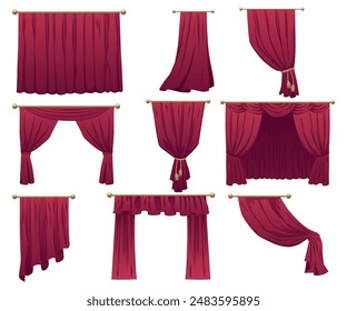 Set of red velvet curtains. Open and closed with gold cornice and tiebacks for curtains. Beautiful drapery. Collection of curtains for the opera house. Vector illustration isolated on white background