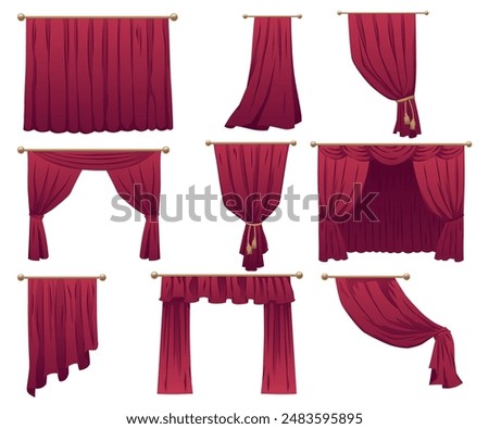 Set of red velvet curtains. Open and closed with gold cornice and tiebacks for curtains. Beautiful drapery. Collection of curtains for the opera house. Vector illustration isolated on white background