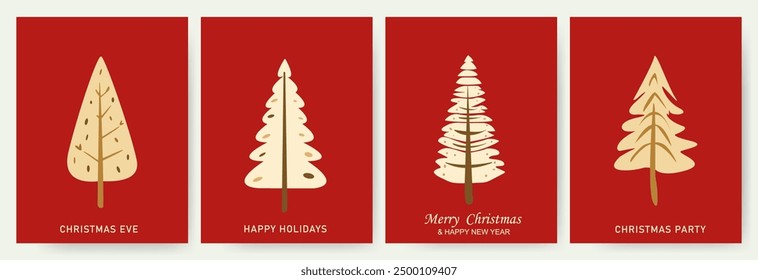 Conjunto de tarjetas de Vertical roja con Navidades y Año Nuevo. Tarjetas de felicitación con árboles de Navidad. Vector