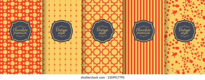 Set of red vintage seamless backgrounds for luxury packaging design. Geometric pattern in black. Suitable for premium boxes of cosmetics, wine, jewelry. Elegant vector ornament set. Fabric print.