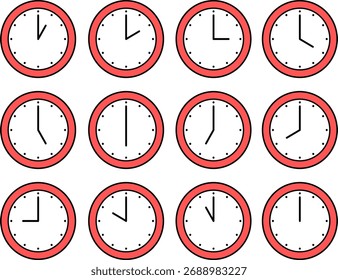 Set of red wall clock icons showing different times, perfect for education, time management, schedule, and school learning materials.