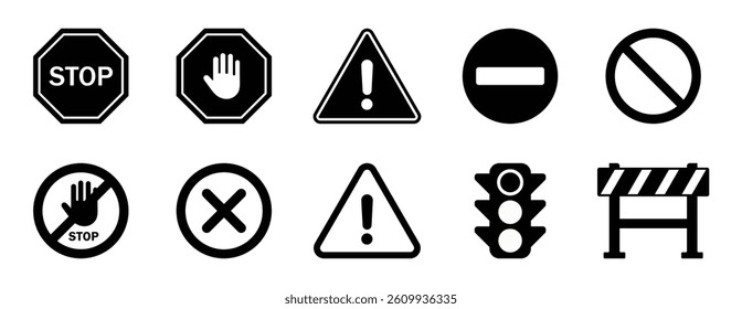 Set of red warning and prohibition signs. Includes stop, hand, danger, no entry, traffic light, and barrier icons. Flat vector style for safety, traffic, construction, or alert use. Icon, vector. 