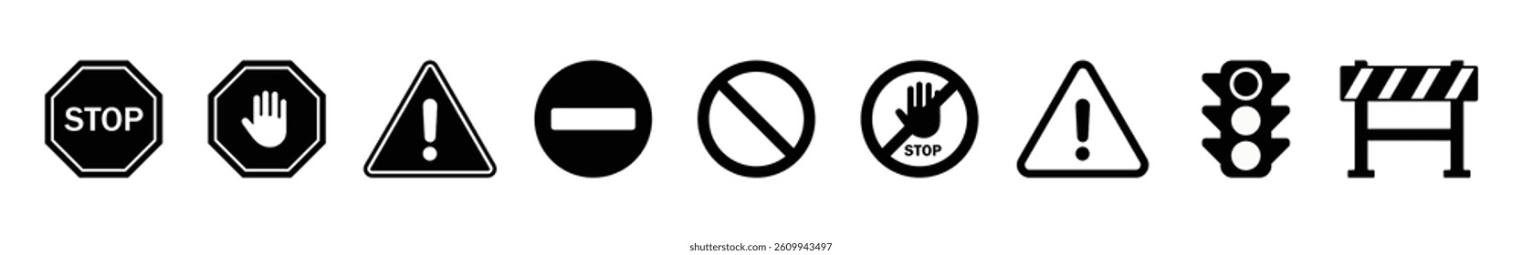 Set of red warning and prohibition signs. Includes stop, hand, danger, no entry, traffic light, and barrier icons. Flat vector style for safety, traffic, construction, or alert use. icons. symbols.
