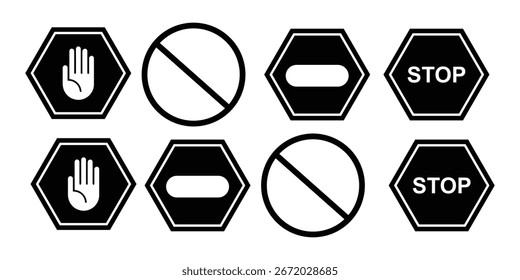 Conjunto de sinais vermelhos de aviso e proibição. Inclui os ícones de parada, mão, perigo, sem entrada, semáforo e barreira. Estilo de vetor plano para segurança, tráfego, construção ou uso de alertas. ícones, vetor.