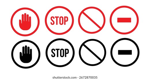Conjunto de señales rojas de advertencia y prohibición. Incluye iconos de parada, mano, peligro, sin entrada, semáforo y barrera. Estilo de Vector plano para uso de seguridad, tráfico, construcción o alerta. iconos,
