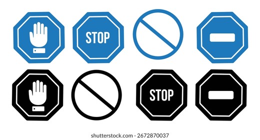 Conjunto de señales rojas de advertencia y prohibición. Incluye iconos de parada, mano, peligro, sin entrada, semáforo y barrera. Estilo de Vector plano para uso de seguridad, tráfico, construcción o alerta. iconos,