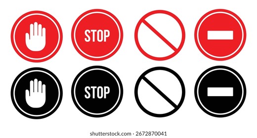 Conjunto de señales rojas de advertencia y prohibición. Incluye iconos de parada, mano, peligro, sin entrada, semáforo y barrera. Estilo de Vector plano para uso de seguridad, tráfico, construcción o alerta. iconos,