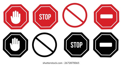 Conjunto de señales rojas de advertencia y prohibición. Incluye iconos de parada, mano, peligro, sin entrada, semáforo y barrera. Estilo de Vector plano para uso de seguridad, tráfico, construcción o alerta. iconos,