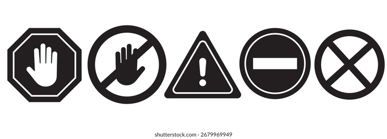 Conjunto de señales rojas de advertencia y prohibición. Incluye iconos de parada, mano, peligro, sin entrada, semáforo y barrera. Estilo de Vector plano para uso de seguridad, tráfico, construcción o alerta. iconos, Vector.
