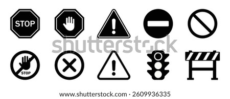 Set of red warning and prohibition signs. Includes stop, hand, danger, no entry, traffic light, and barrier icons. Flat vector style for safety, traffic, construction, or alert use. Icon, vector. 