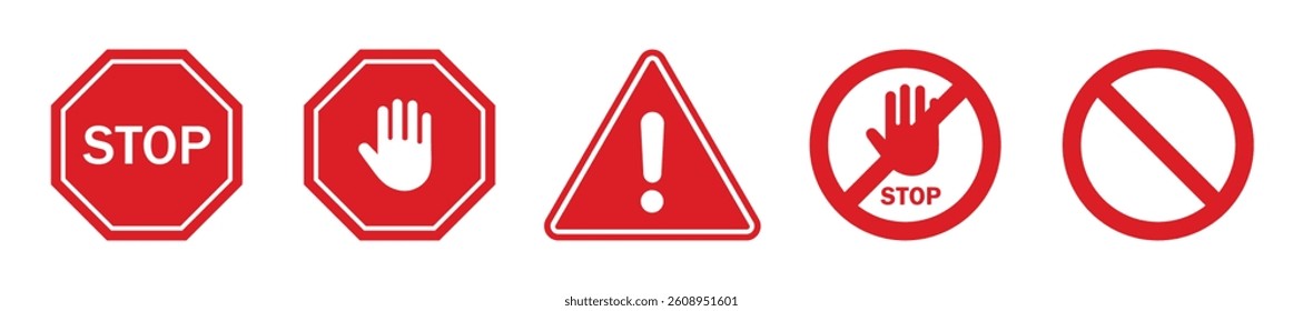Set of red warning and stop signs including hand, exclamation mark, and no entry symbols. Ideal for road safety, caution, and traffic-related design or illustration. Stop, ban, icons, symbol, vector.
