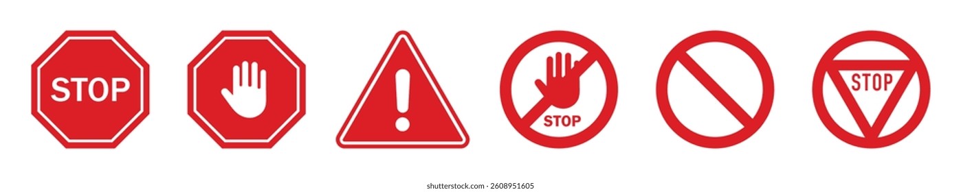 Set of red warning and stop signs including hand, exclamation mark, and no entry symbols. Ideal for road safety, caution, and traffic-related design or illustration. Stop, ban, icons, symbol, vector.